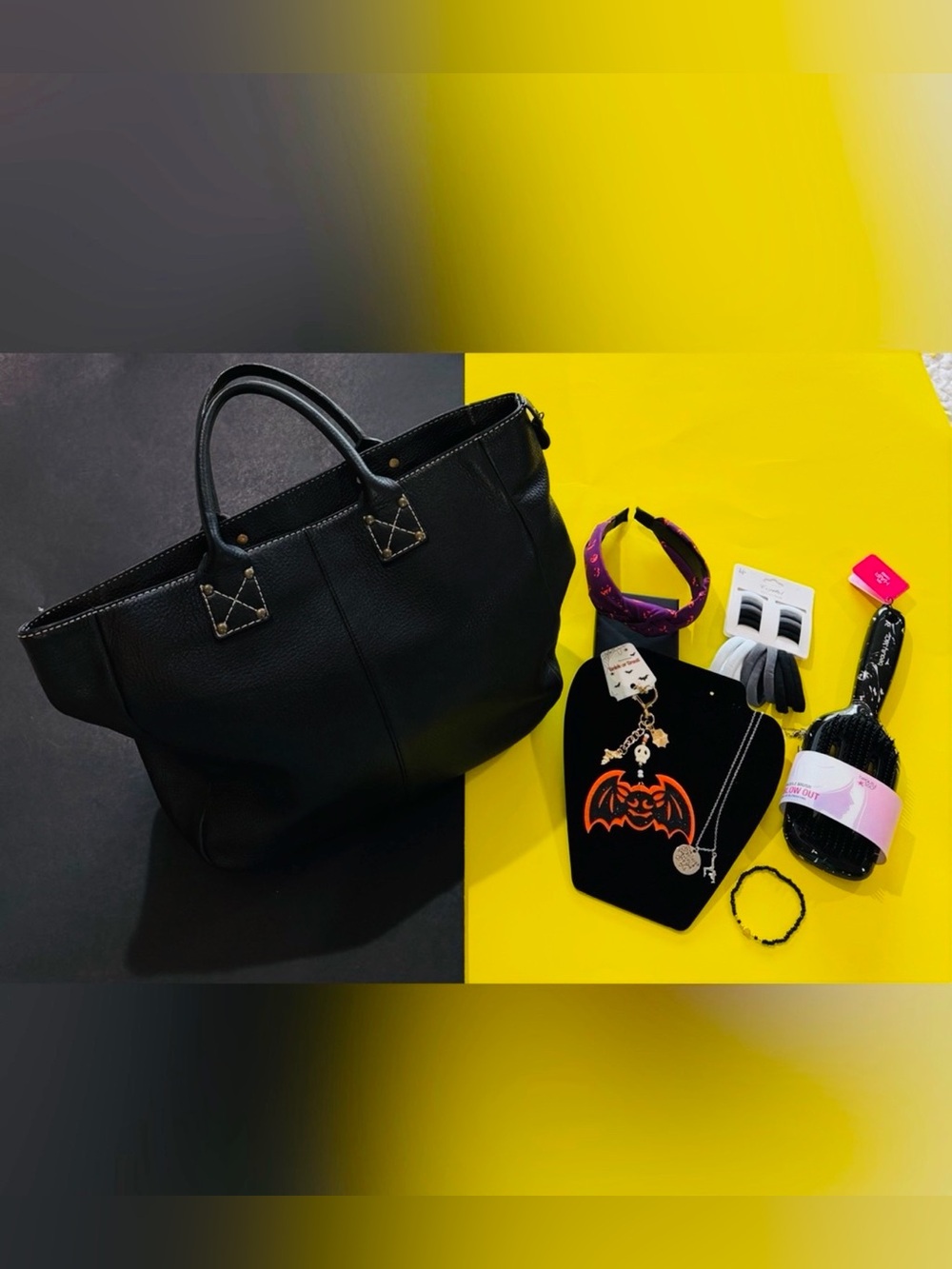 GAP Black Leather Tote with Top Handles with accessories